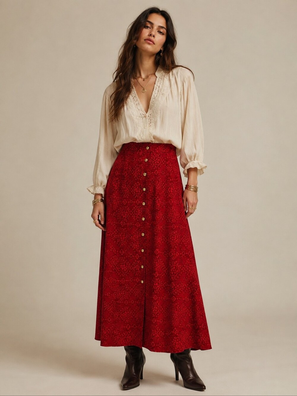 Vintage 90s Bantry Bay Button Front Maxi Skirt Size S Red Floral